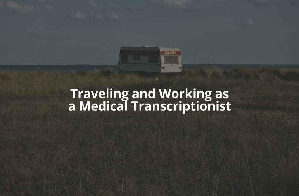 An RV camper in a field with text overlay