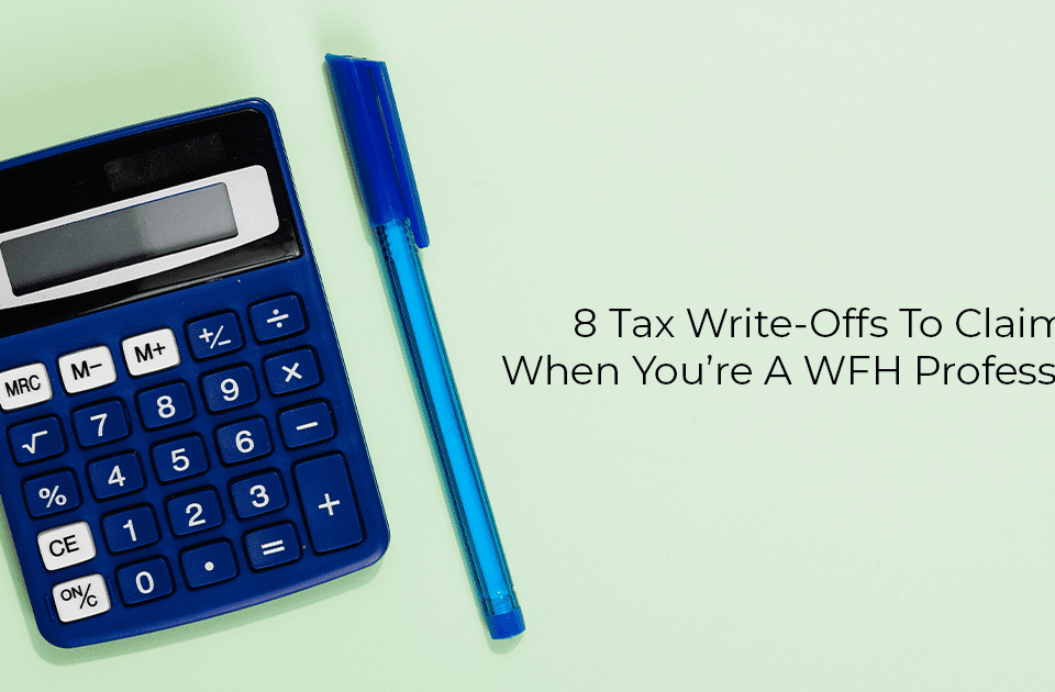 A blue pen and calculator being used to calculate tax write-offs